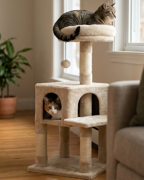 Briw Compact Cat Tree with Condo 88 cm Oatmeal - Lifestyle view